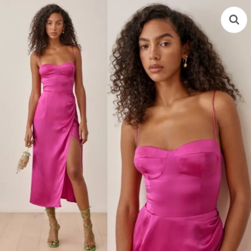 Reformation Marguerite Midi Silk Dress, Size 0, Pink Flambe Wrap Slit